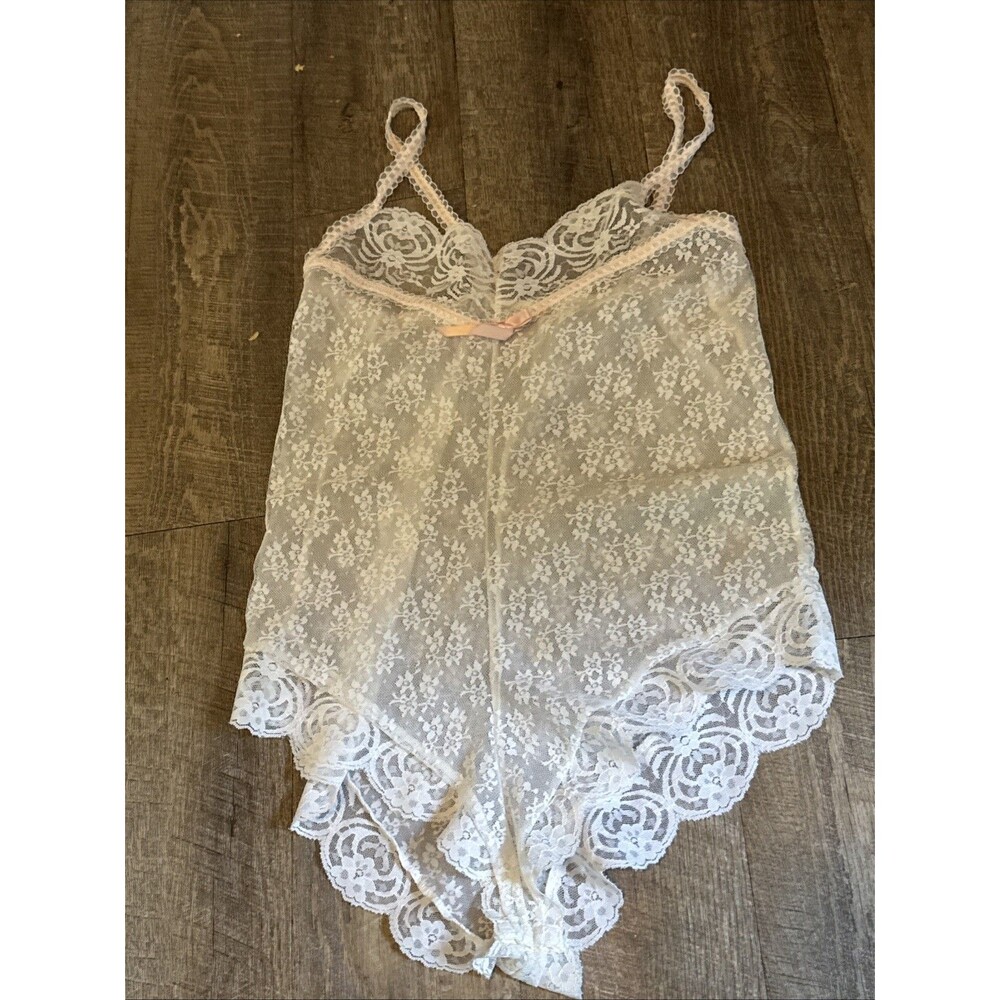 Vintage 80s Spotlight Sheer white Floral Lace Teddy Bodysuit Romper Medium